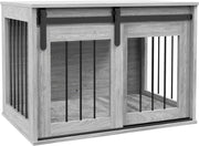 Indoor Dog Crate Furniture Table | Stylish Kennel w/ Cushion & Barn Door - Kwikley