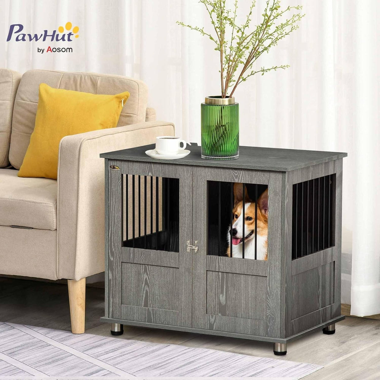 Indoor Dog Crate Furniture with Magnetic Door – End Table Kennel 85x55x75cm - Kwikley