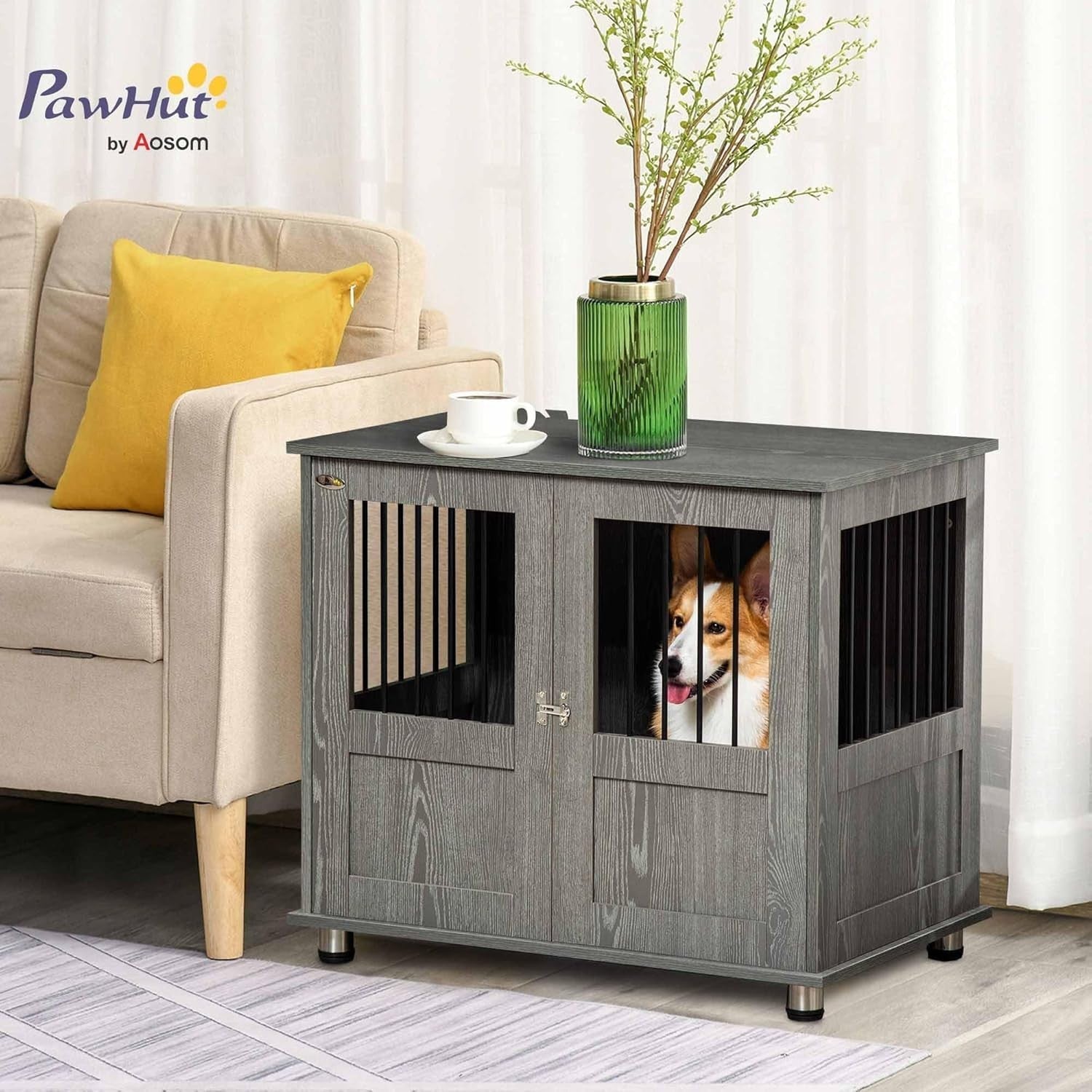 Indoor Dog Crate Furniture with Magnetic Door – End Table Kennel 85x55x75cm - Kwikley