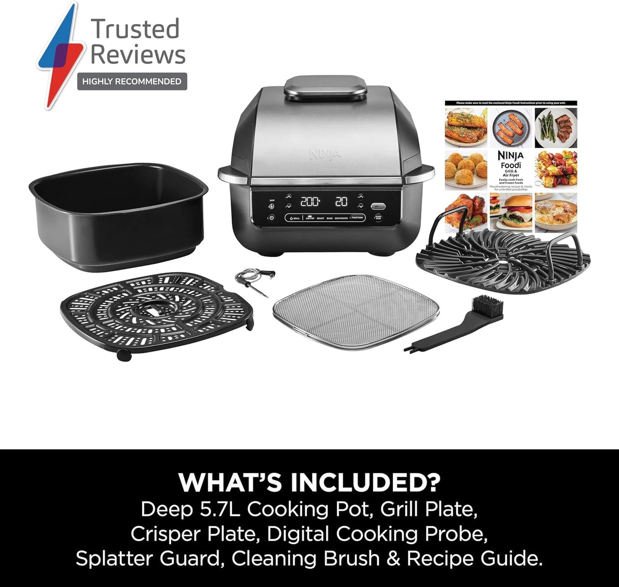 Indoor Grill Air Fryer 5 - in - 1 5.7L Low Smoke Digital Thermometer 4 Burgers - Kwikley
