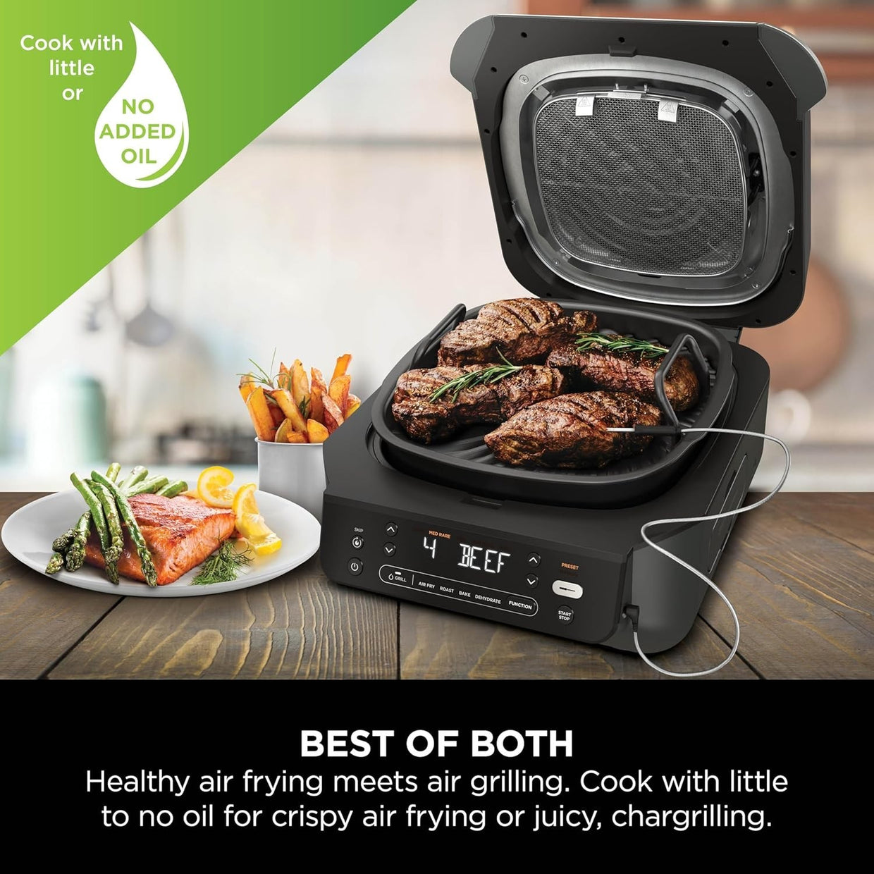 Indoor Grill Air Fryer 5 - in - 1 5.7L Low Smoke Digital Thermometer 4 Burgers - Kwikley