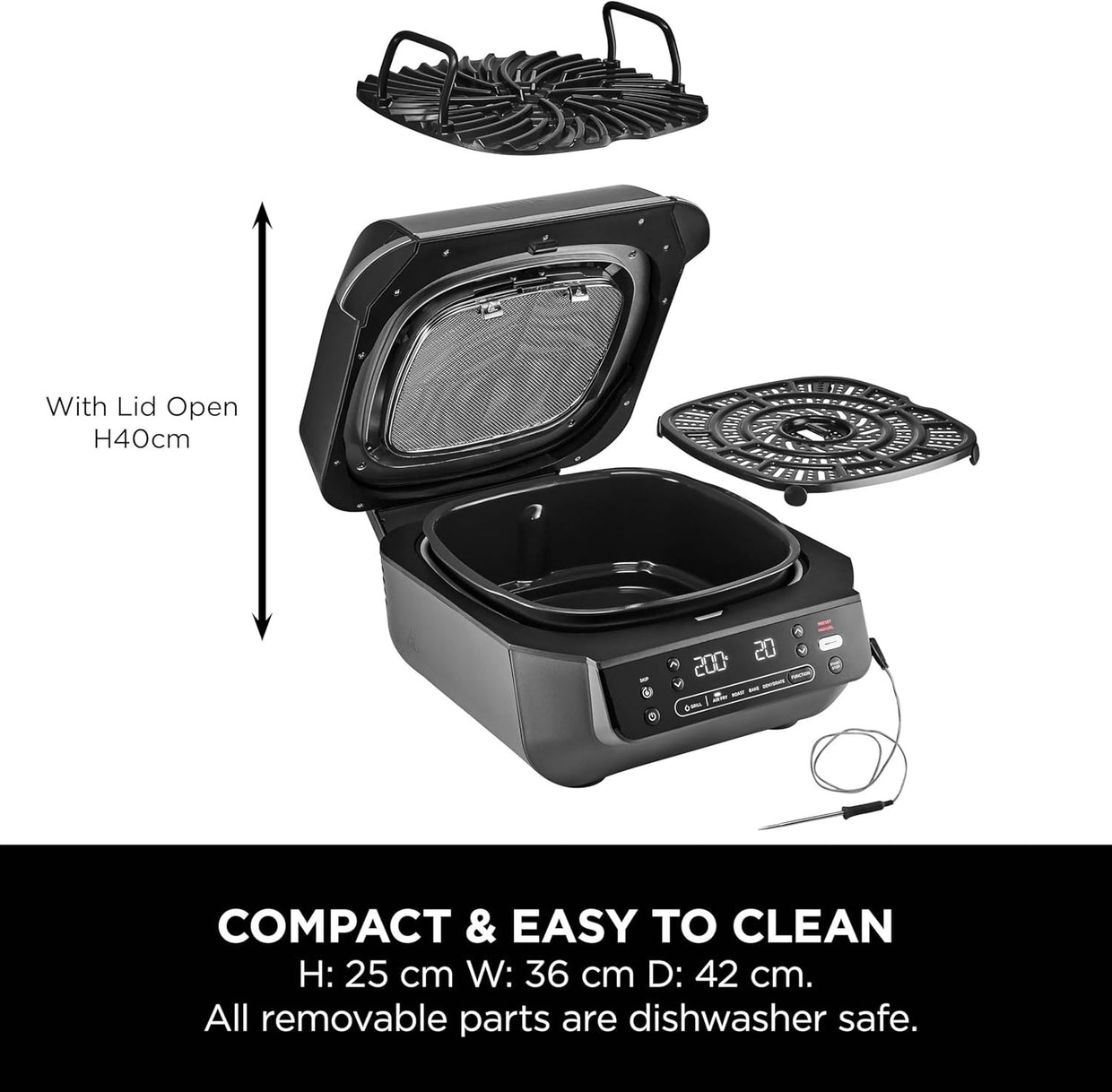 Indoor Grill Air Fryer 5 - in - 1 5.7L Low Smoke Digital Thermometer 4 Burgers - Kwikley