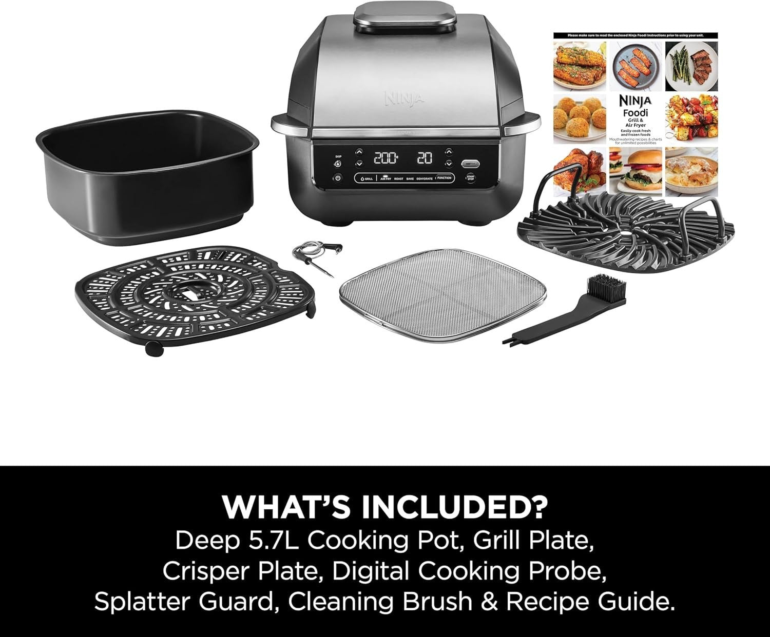 Indoor Grill Air Fryer 5 - in - 1 5.7L Low Smoke Digital Thermometer 4 Burgers - Kwikley