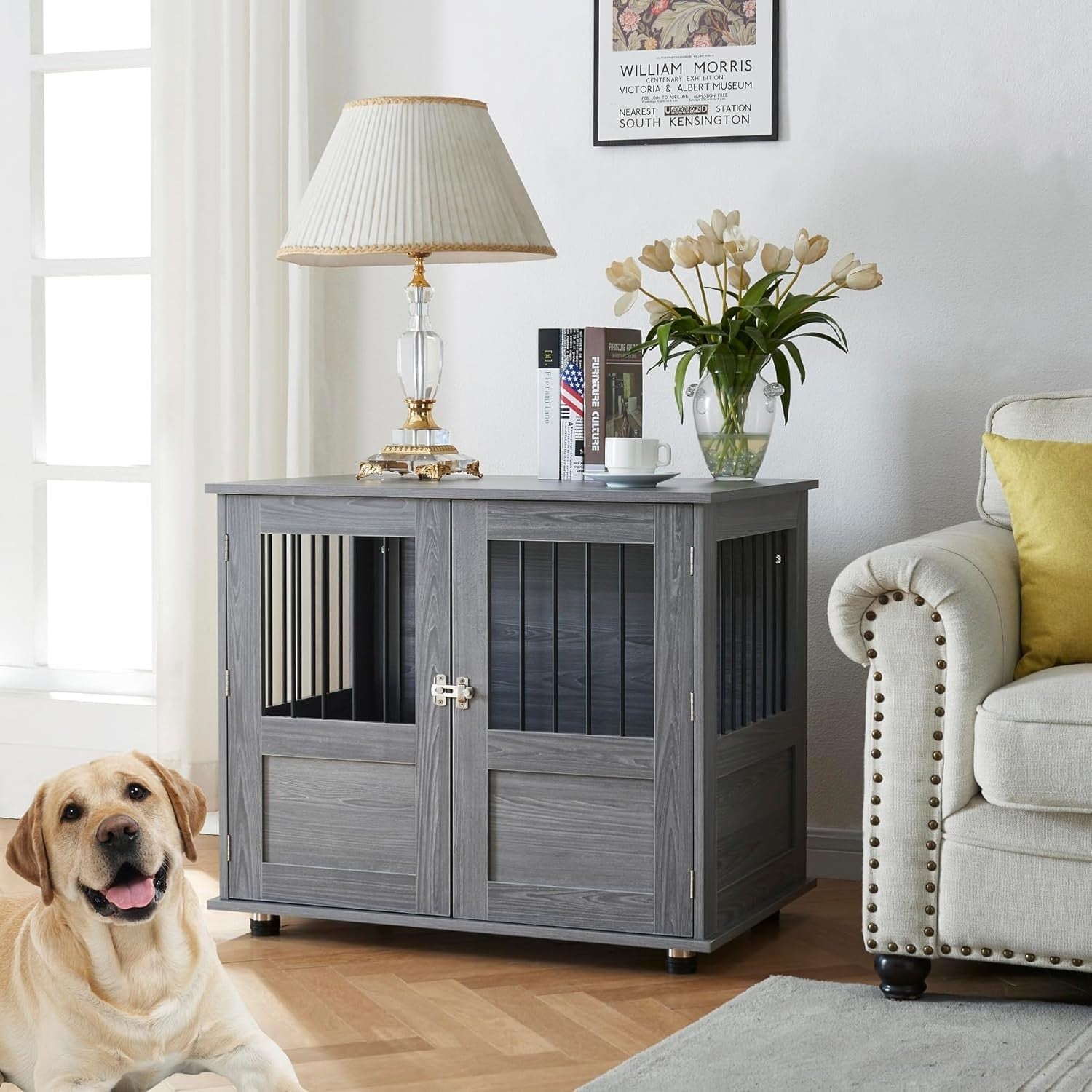 Indoor Metal Dog Crate with Flat Tabletop 85x55x73cm Secure Kennel Cage - Kwikley