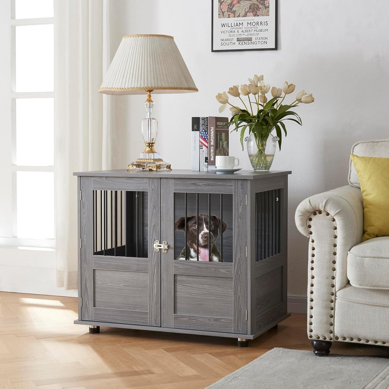 Indoor Metal Dog Crate with Flat Tabletop 85x55x73cm Secure Kennel Cage - Kwikley