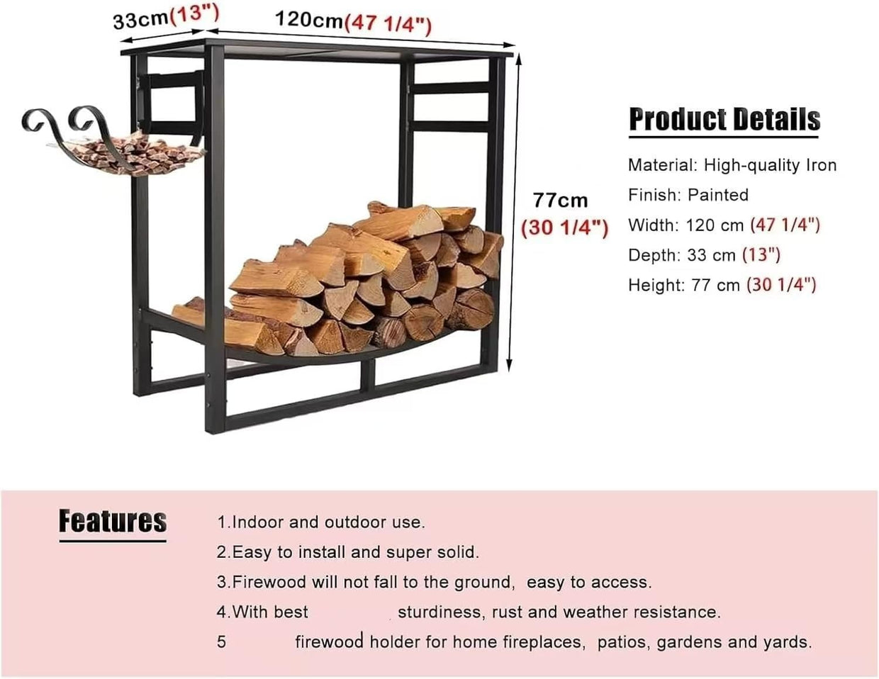 Indoor Outdoor Firewood Rack 120cm Durable Log Basket Organizer - Kwikley