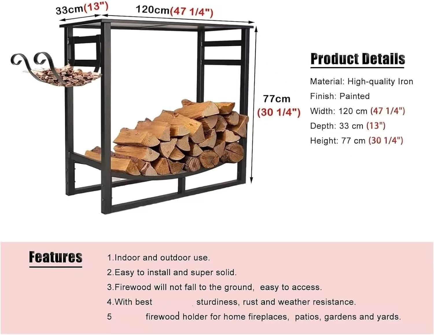 Indoor Outdoor Firewood Rack 120cm Durable Log Basket Organizer - Kwikley