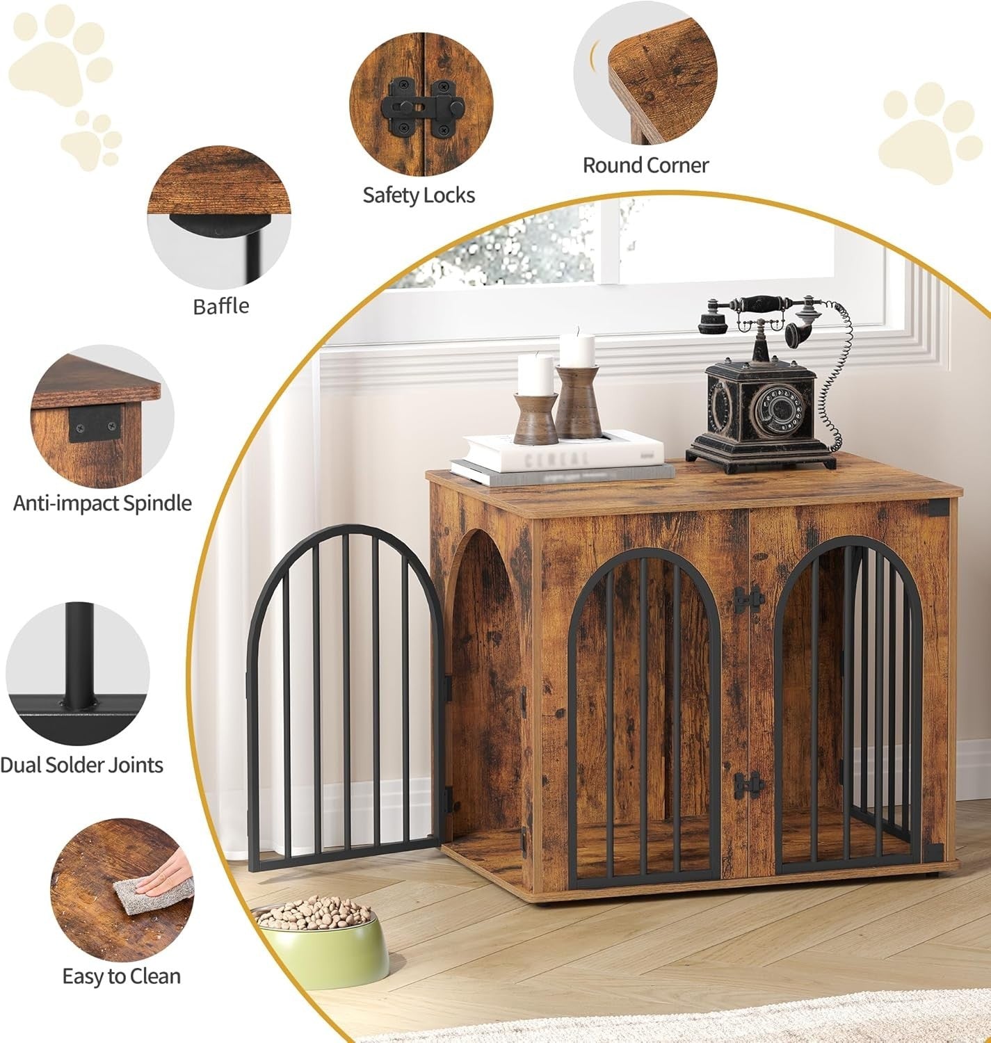 Indoor Small Dog Crate Furniture 68cm – Rustic Brown Wooden Kennel Table, Lockab - Kwikley