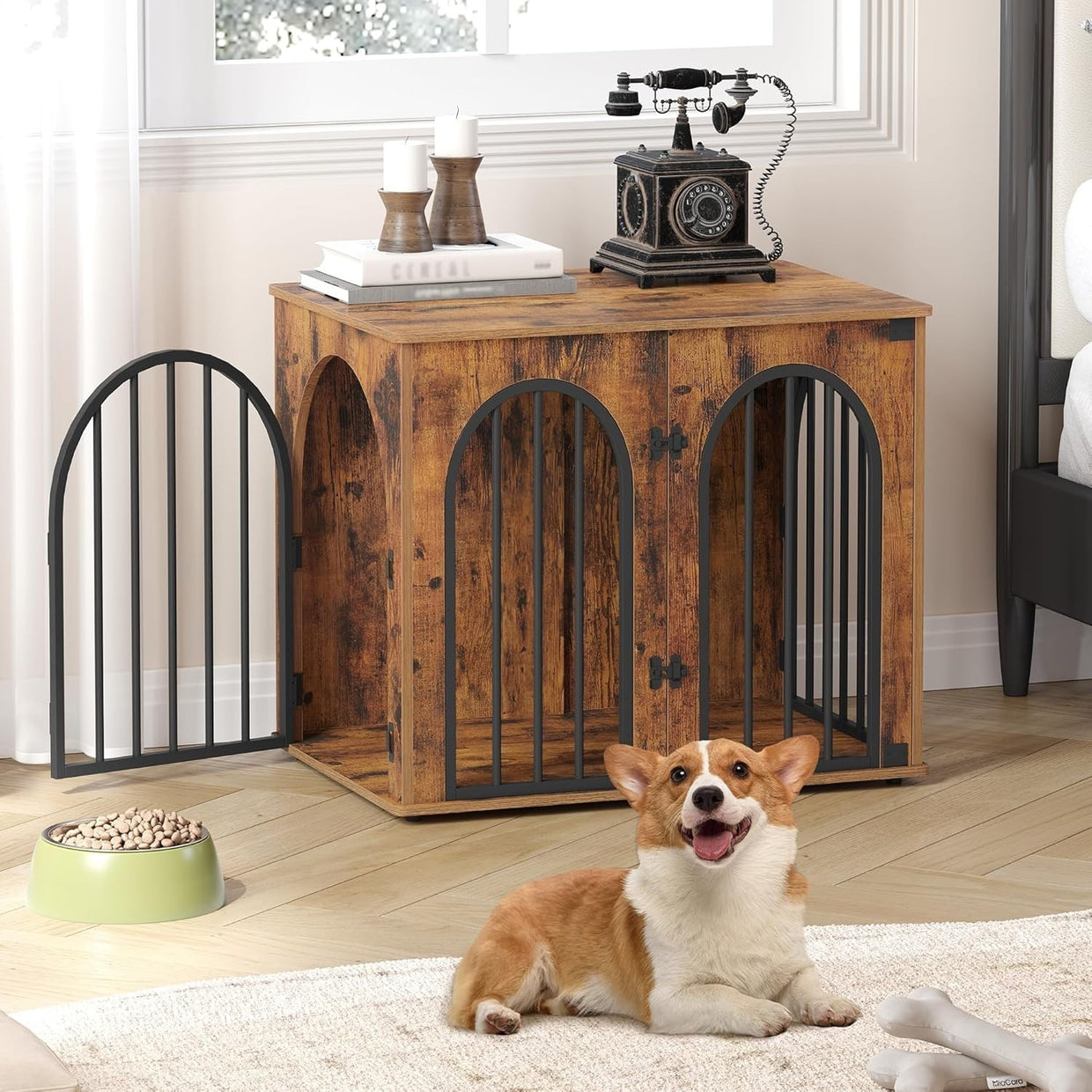 Indoor Small Dog Crate Furniture 68cm – Rustic Brown Wooden Kennel Table, Lockab - Kwikley