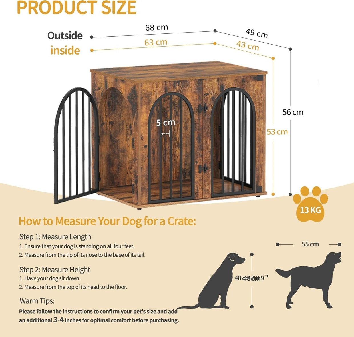 Indoor Small Dog Crate Furniture 68cm – Rustic Brown Wooden Kennel Table, Lockab - Kwikley