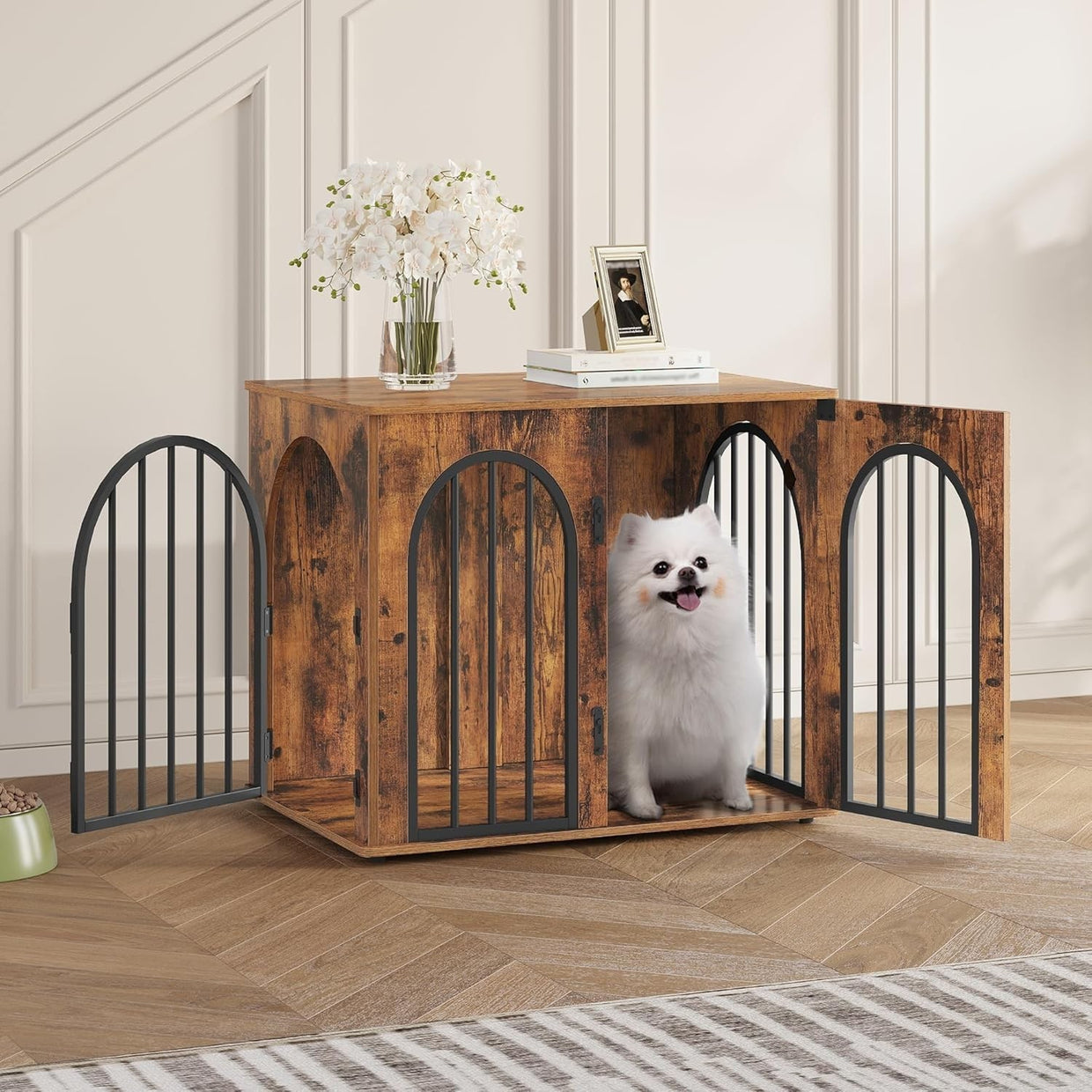 Indoor Small Dog Crate Furniture 68cm – Rustic Brown Wooden Kennel Table, Lockab - Kwikley