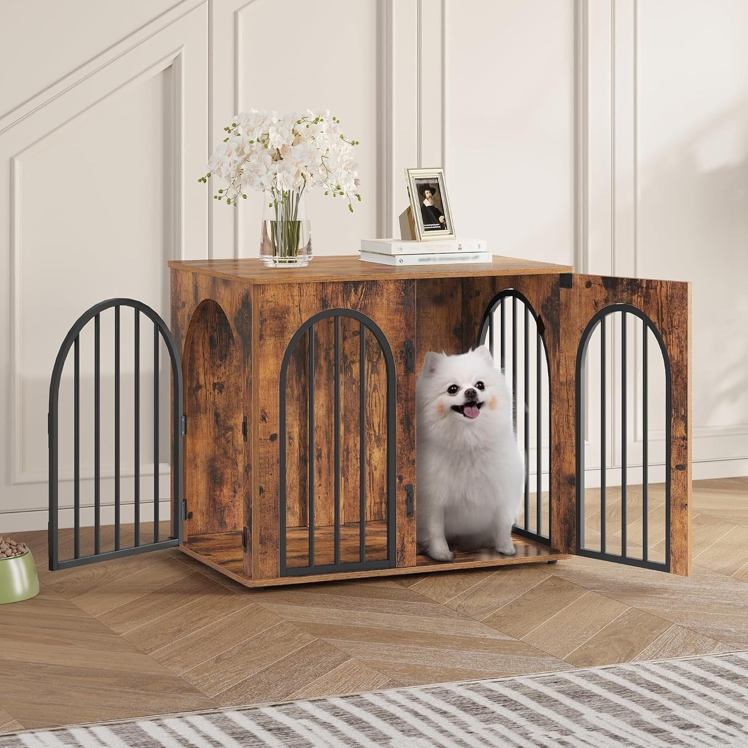 Indoor Small Dog Crate Furniture 68cm – Rustic Brown Wooden Kennel Table, Lockab - Kwikley