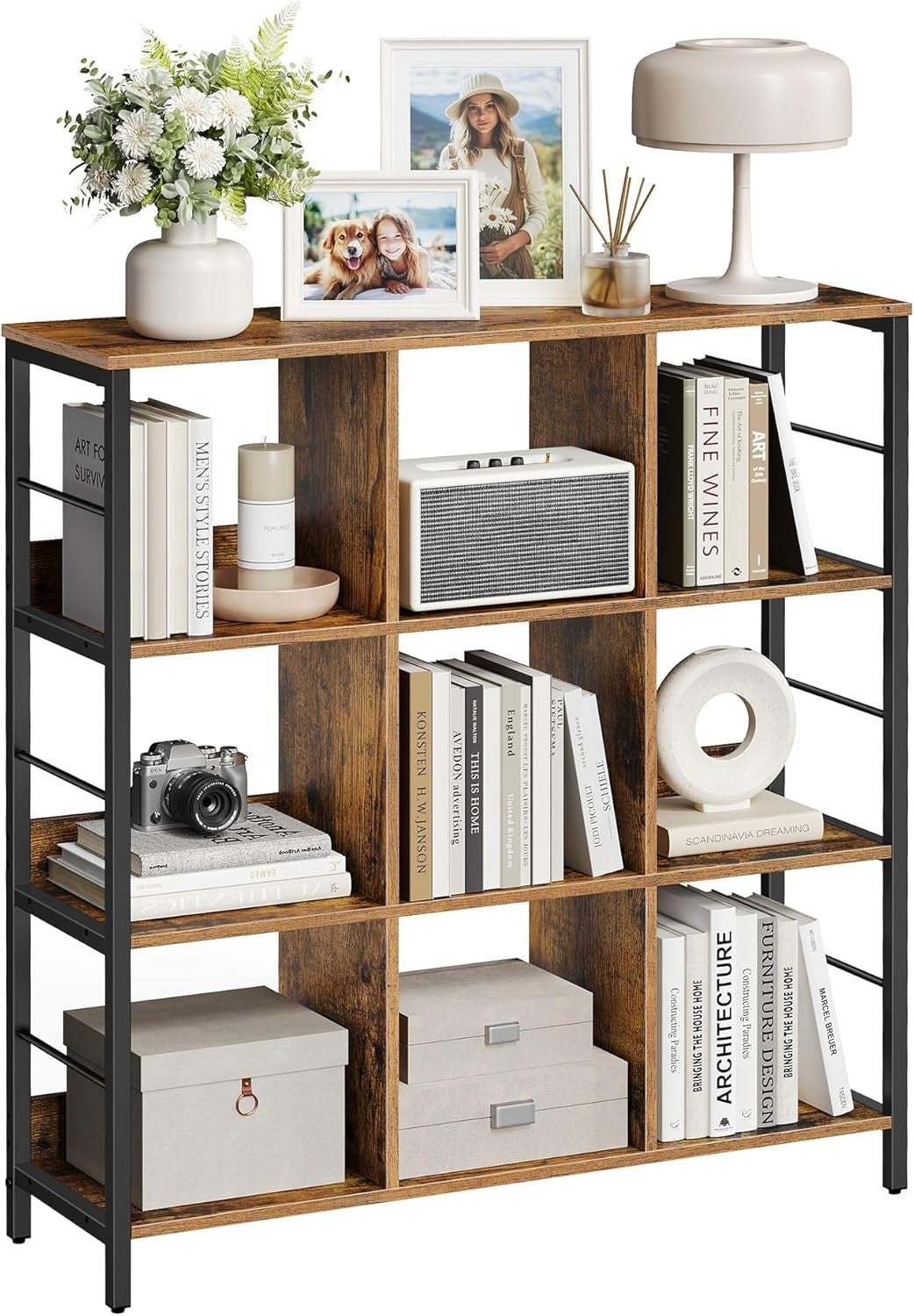 Industrial 3 - Tier Ladder Shelf 9 Compartments 100x30x103 cm Rustic Brown - Kwikley