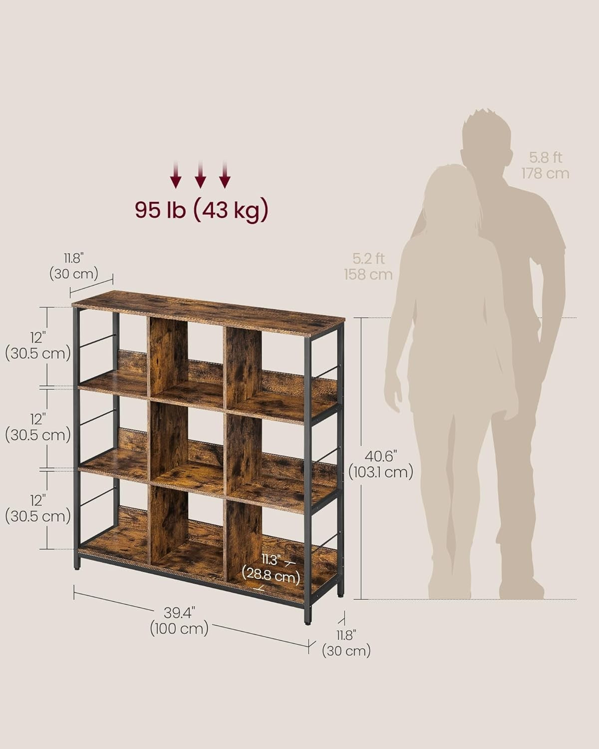 Industrial 3 - Tier Ladder Shelf 9 Compartments 100x30x103 cm Rustic Brown - Kwikley