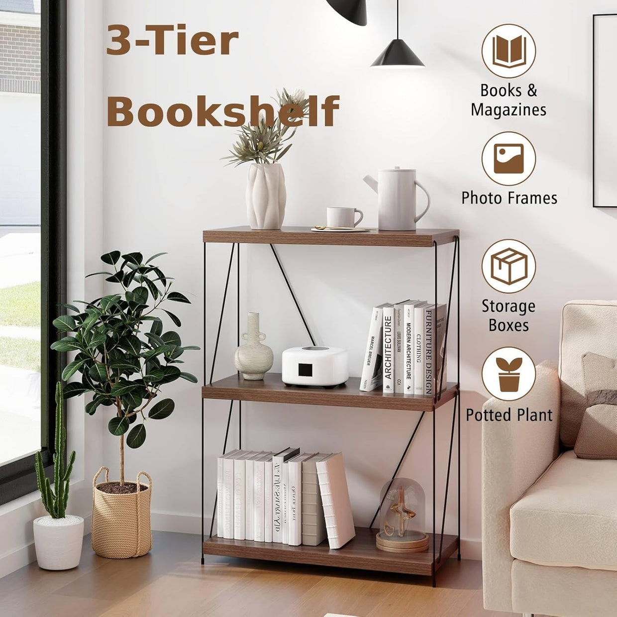 Industrial 3 - Tier Metal Frame Bookshelf Rustic Wooden Storage Display Unit - Kwikley