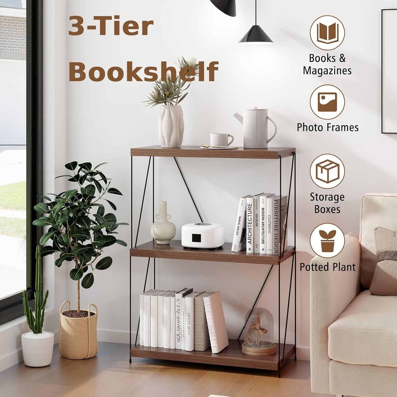 Industrial 3 - Tier Metal Frame Bookshelf Rustic Wooden Storage Display Unit - Kwikley