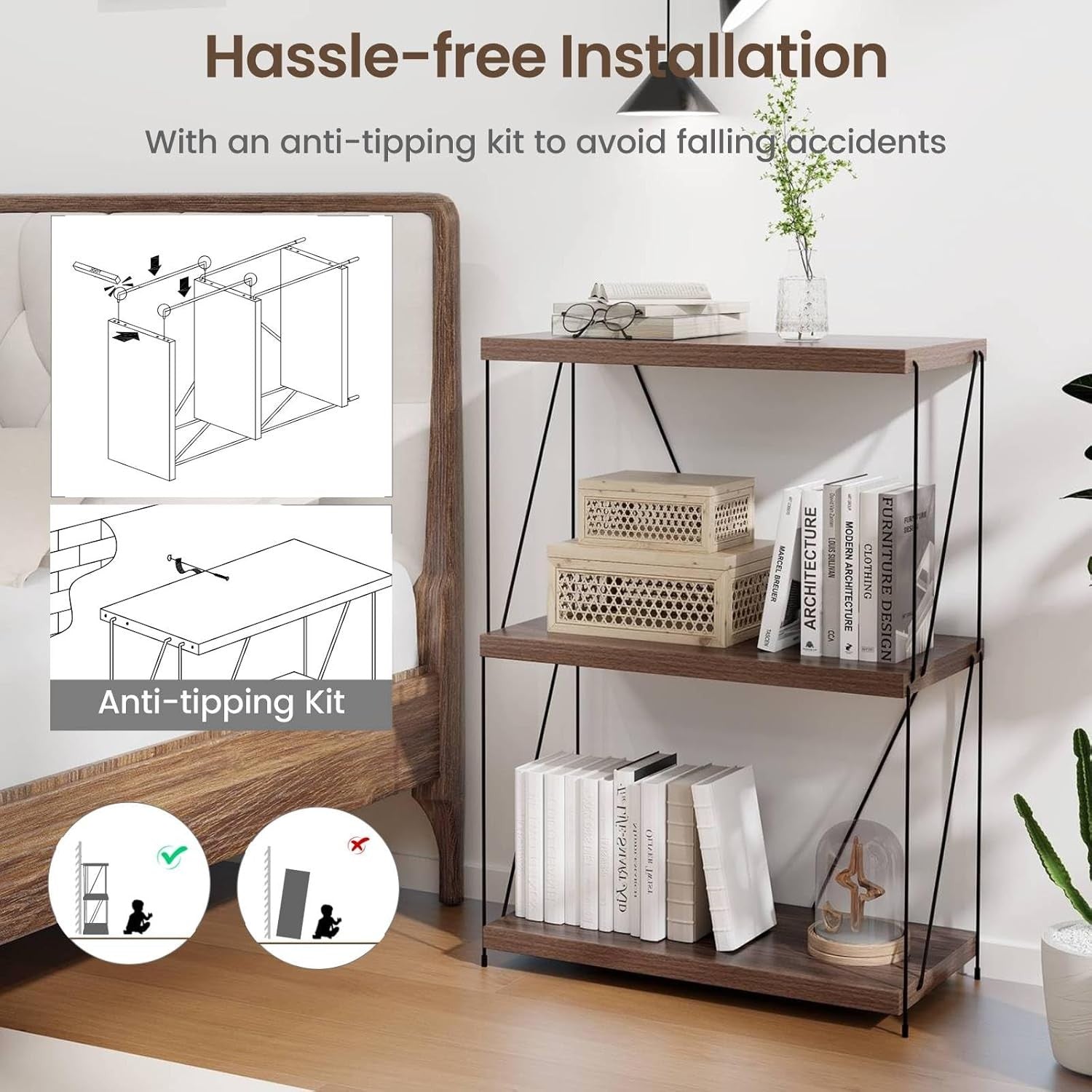 Industrial 3 - Tier Metal Frame Bookshelf Rustic Wooden Storage Display Unit - Kwikley