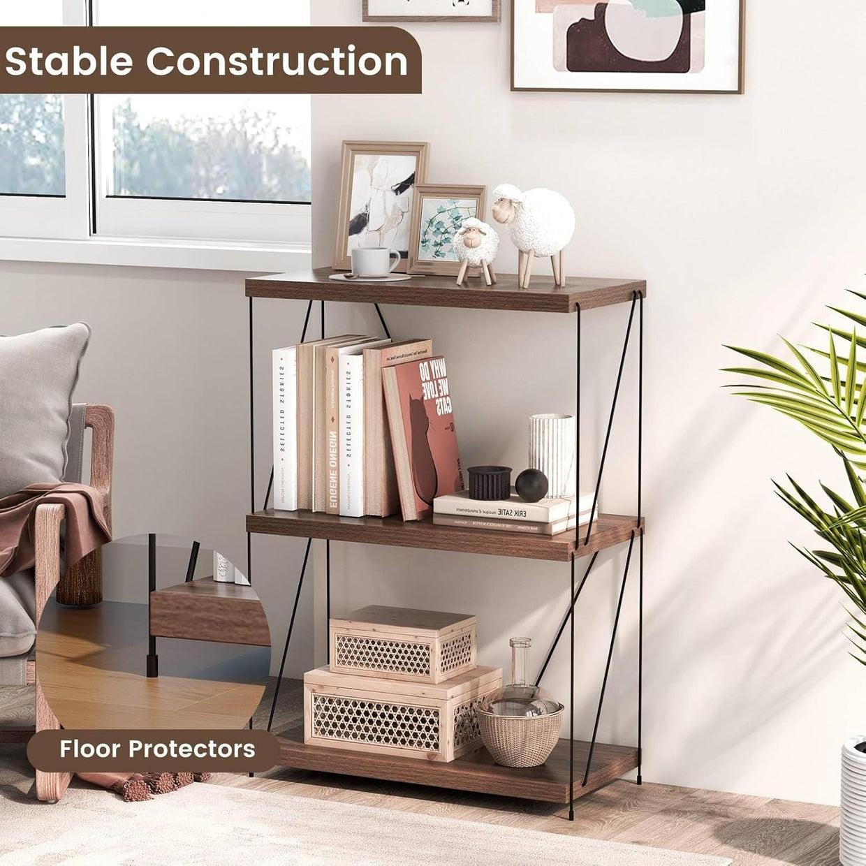 Industrial 3 - Tier Metal Frame Bookshelf Rustic Wooden Storage Display Unit - Kwikley