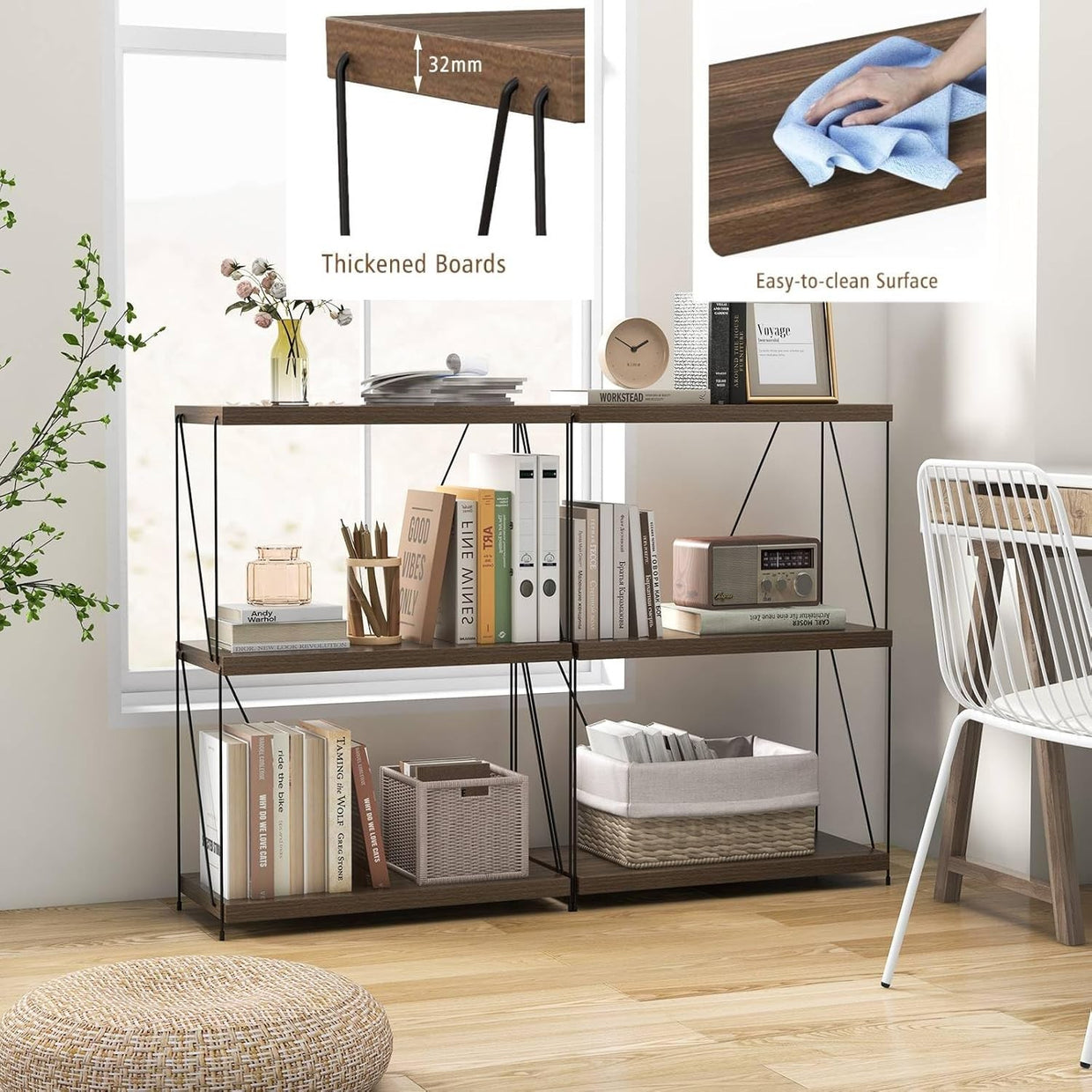 Industrial 3 - Tier Metal Frame Bookshelf Rustic Wooden Storage Display Unit - Kwikley