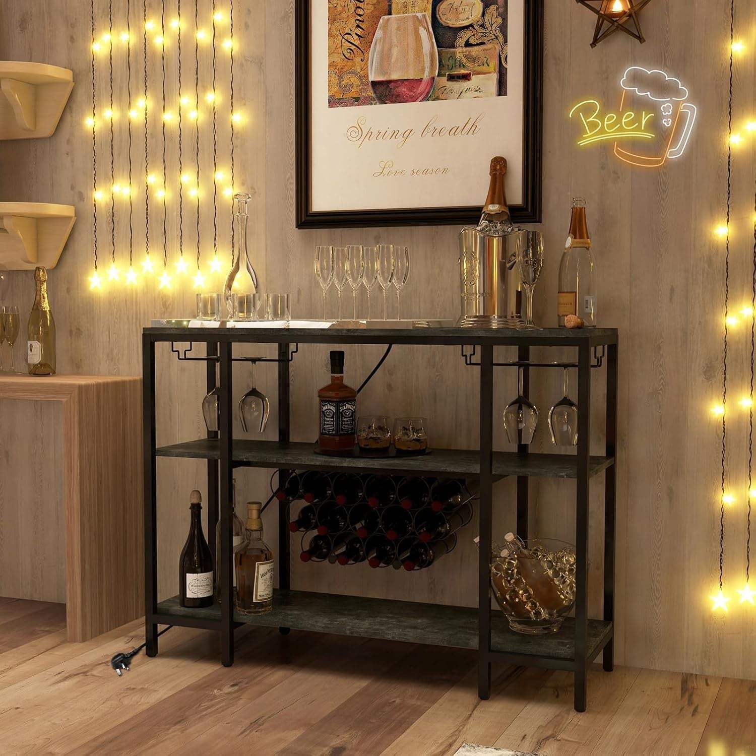 Industrial 3 Tier Wine Cabinet with Glass Holders USB Charging Grey - Kwikley