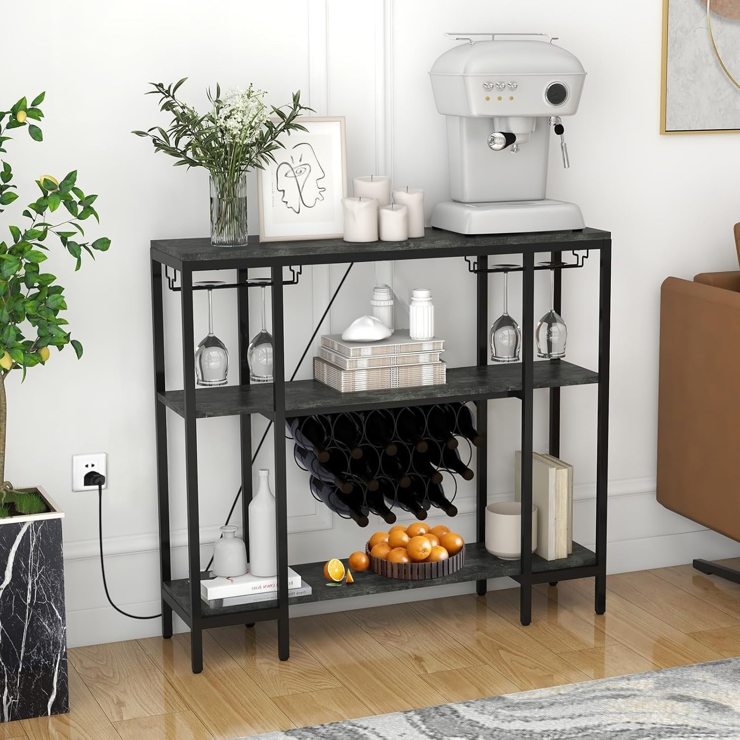 Industrial 3 Tier Wine Cabinet with Glass Holders USB Charging Grey - Kwikley