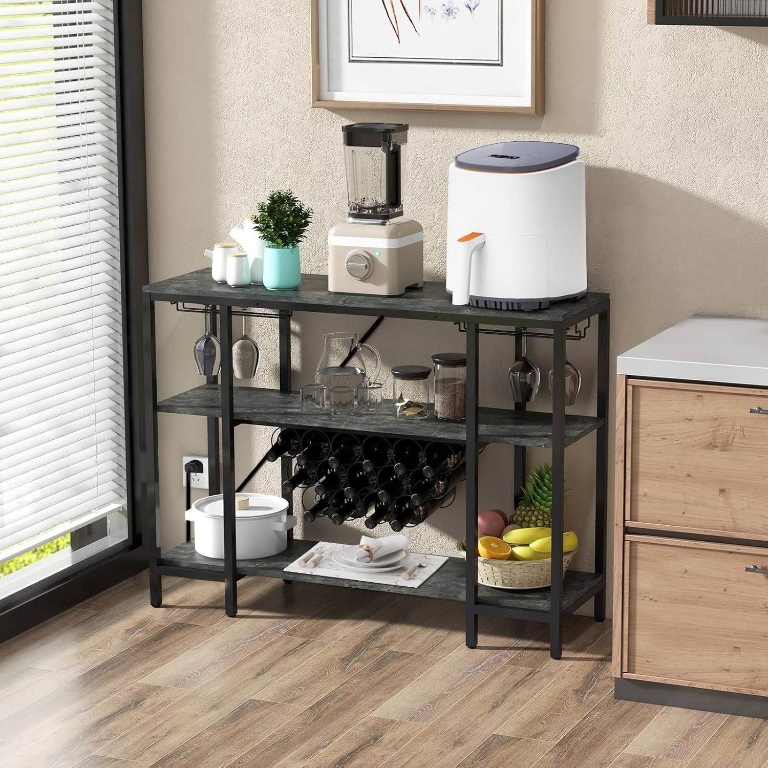 Industrial 3 Tier Wine Cabinet with Glass Holders USB Charging Grey - Kwikley