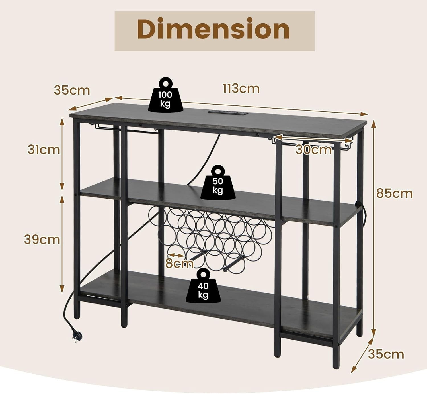 Industrial 3 Tier Wine Cabinet with Glass Holders USB Charging Grey - Kwikley