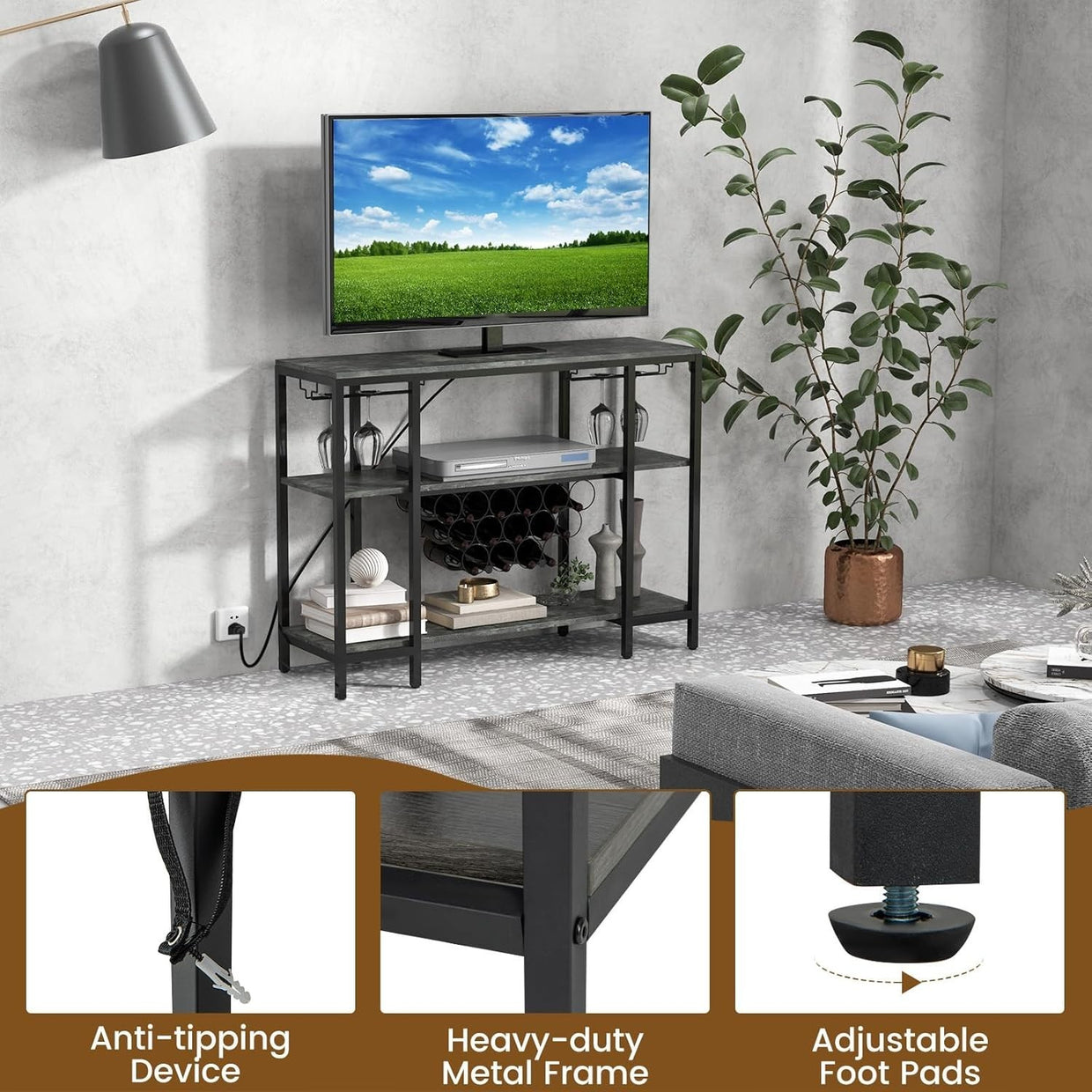 Industrial 3 Tier Wine Cabinet with Glass Holders USB Charging Grey - Kwikley