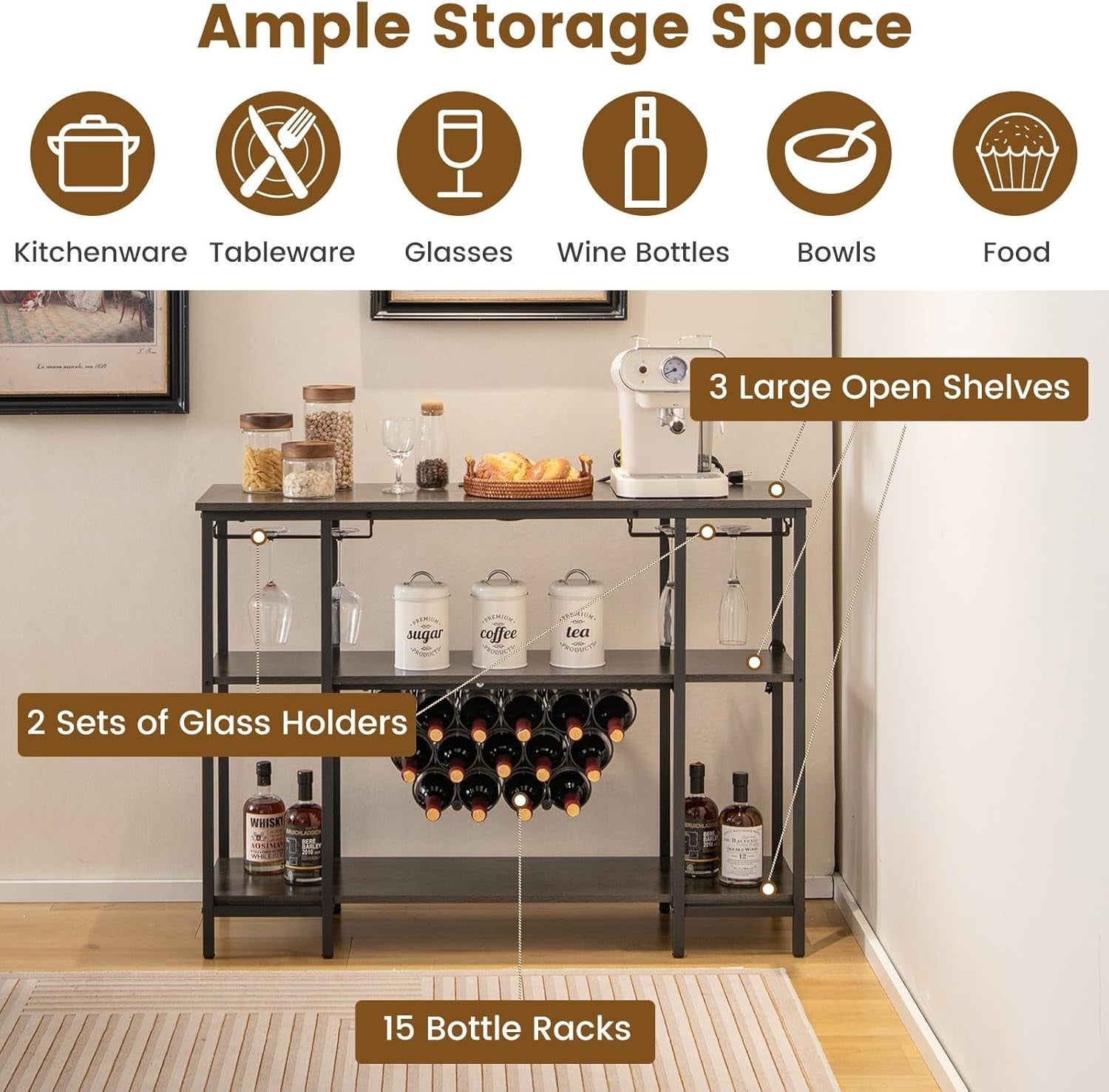 Industrial 3 Tier Wine Cabinet with Glass Holders USB Charging Grey - Kwikley