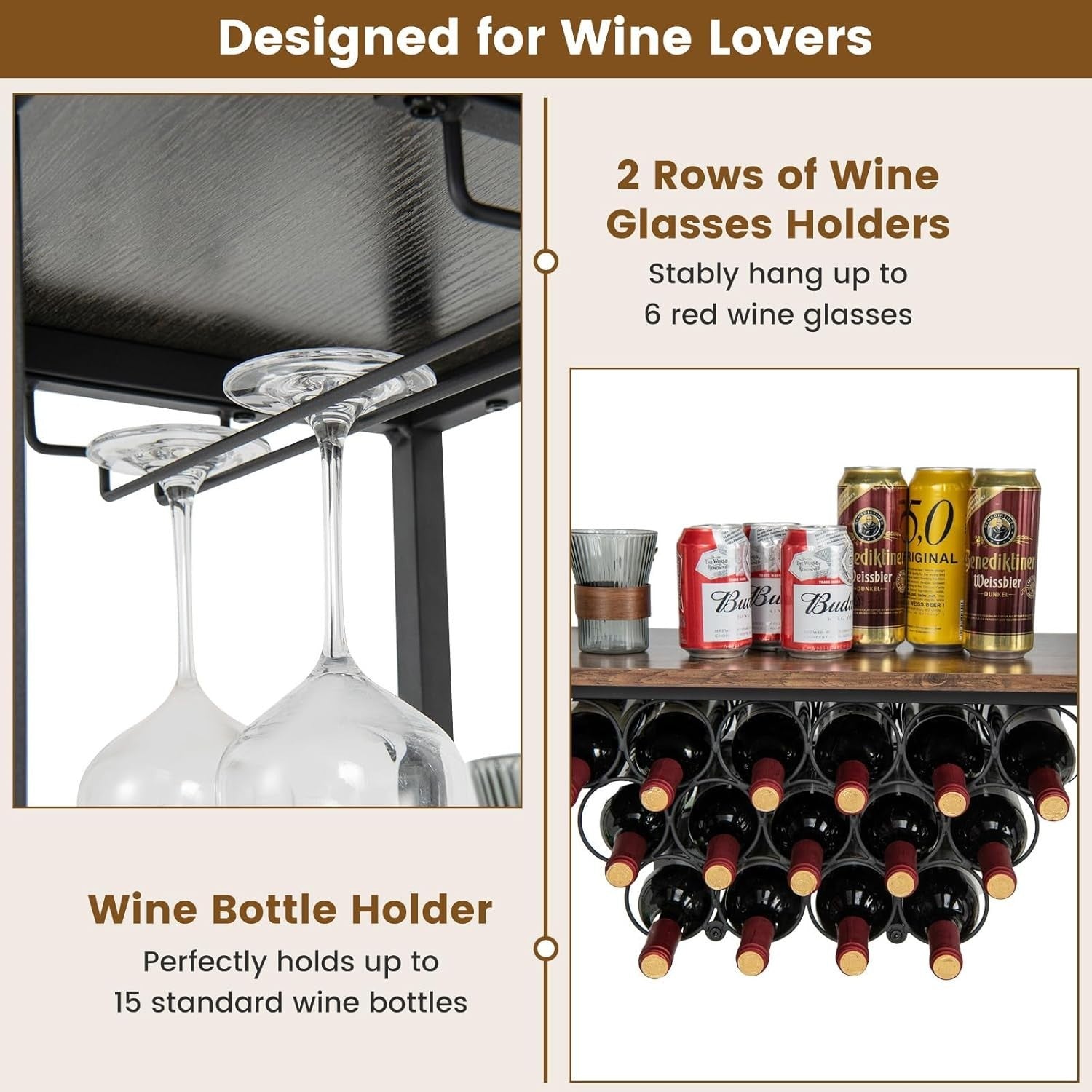 Industrial 3 Tier Wine Cabinet with Glass Holders USB Charging Grey - Kwikley
