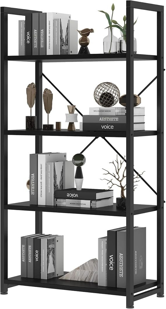 Industrial 4 - Tier Black Bookshelf Storage Unit with Open Shelves Metal Frame - Kwikley