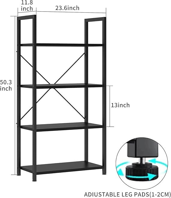 Industrial 4 - Tier Black Bookshelf Storage Unit with Open Shelves Metal Frame - Kwikley