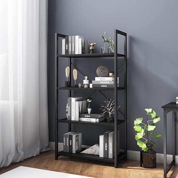 Industrial 4 - Tier Black Bookshelf Storage Unit with Open Shelves Metal Frame - Kwikley