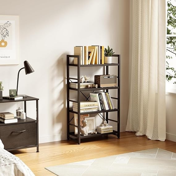 Industrial 4 - Tier Black Bookshelf Storage Unit with Open Shelves Metal Frame - Kwikley
