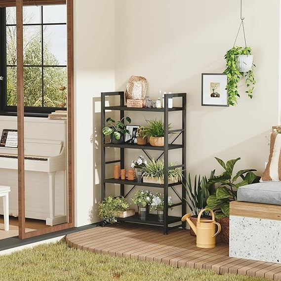 Industrial 4 - Tier Black Bookshelf Storage Unit with Open Shelves Metal Frame - Kwikley