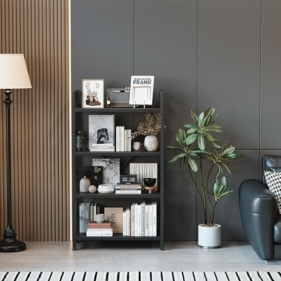 Industrial 4 - Tier Black Bookshelf Storage Unit with Open Shelves Metal Frame - Kwikley