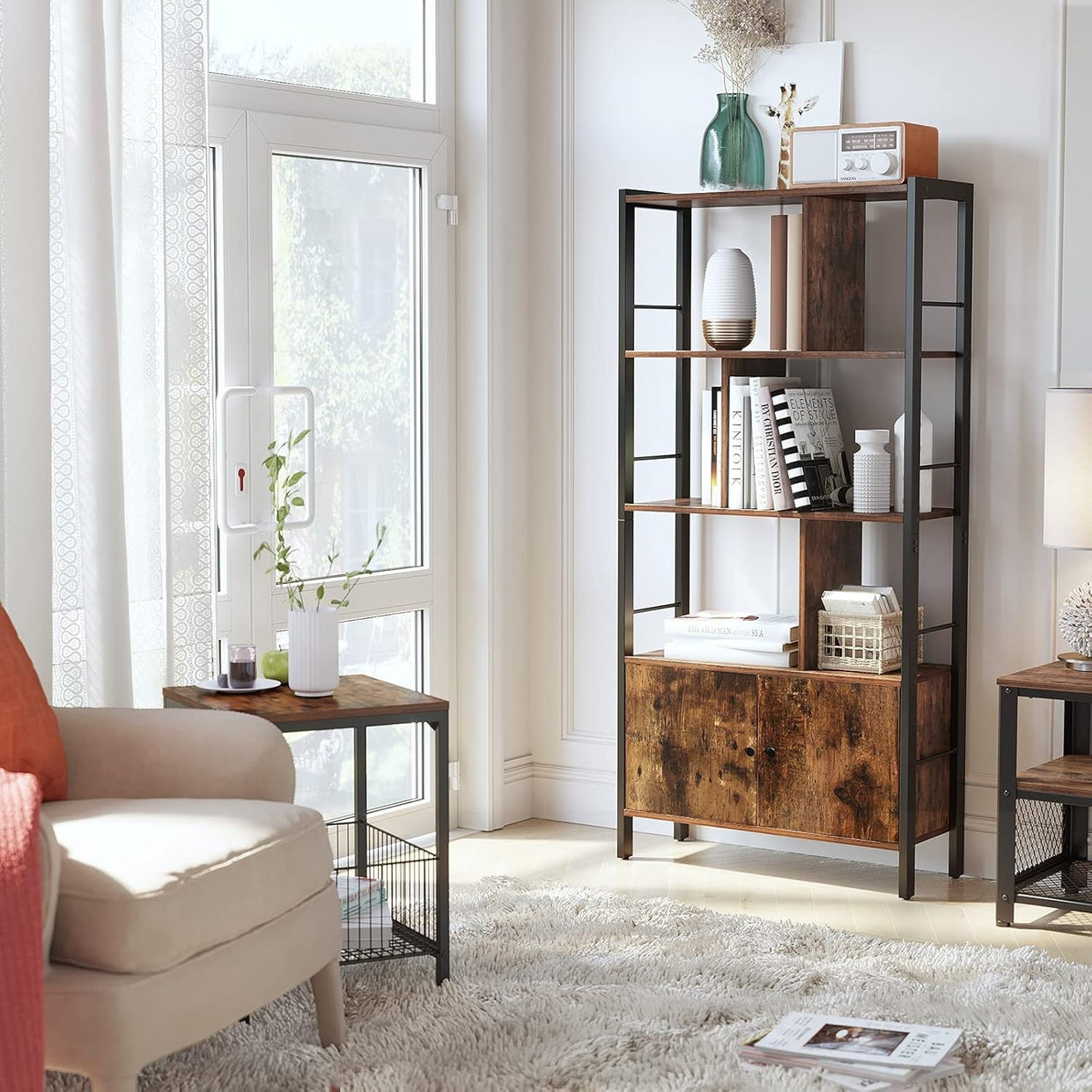 Industrial 4 Tier Bookcase with Doors Rustic Brown Metal Frame Storage Unit - Kwikley