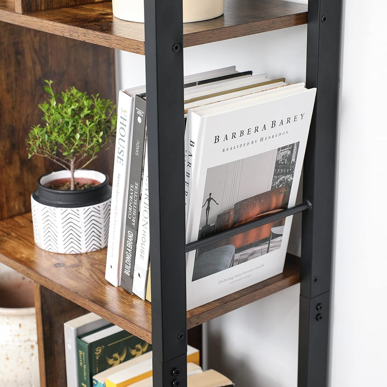 Industrial 4 Tier Bookcase with Doors Rustic Brown Metal Frame Storage Unit - Kwikley