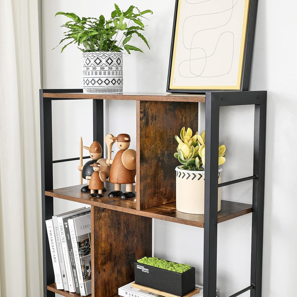 Industrial 4 Tier Bookcase with Doors Rustic Brown Metal Frame Storage Unit - Kwikley