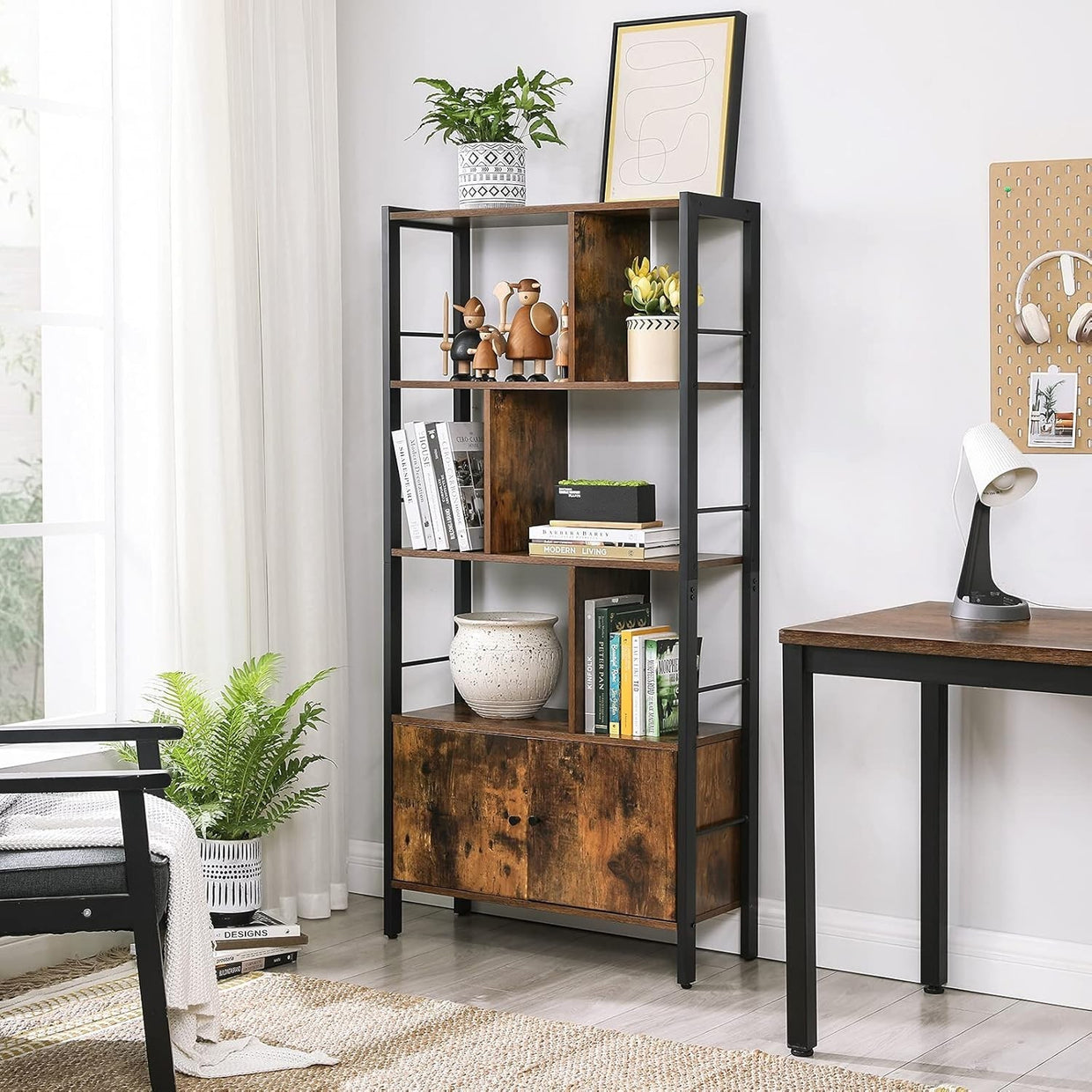 Industrial 4 Tier Bookcase with Doors Rustic Brown Metal Frame Storage Unit - Kwikley