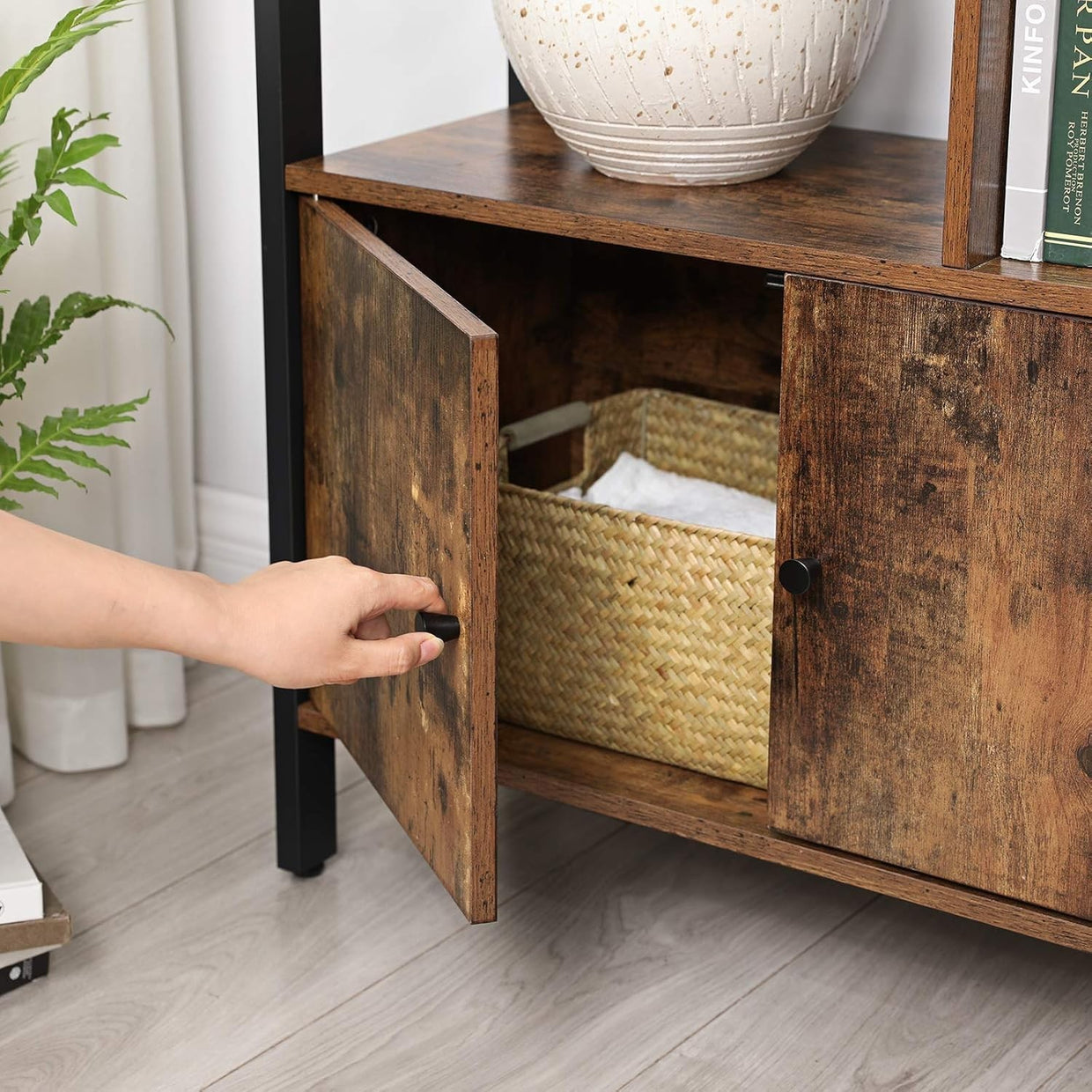 Industrial 4 Tier Bookcase with Doors Rustic Brown Metal Frame Storage Unit - Kwikley