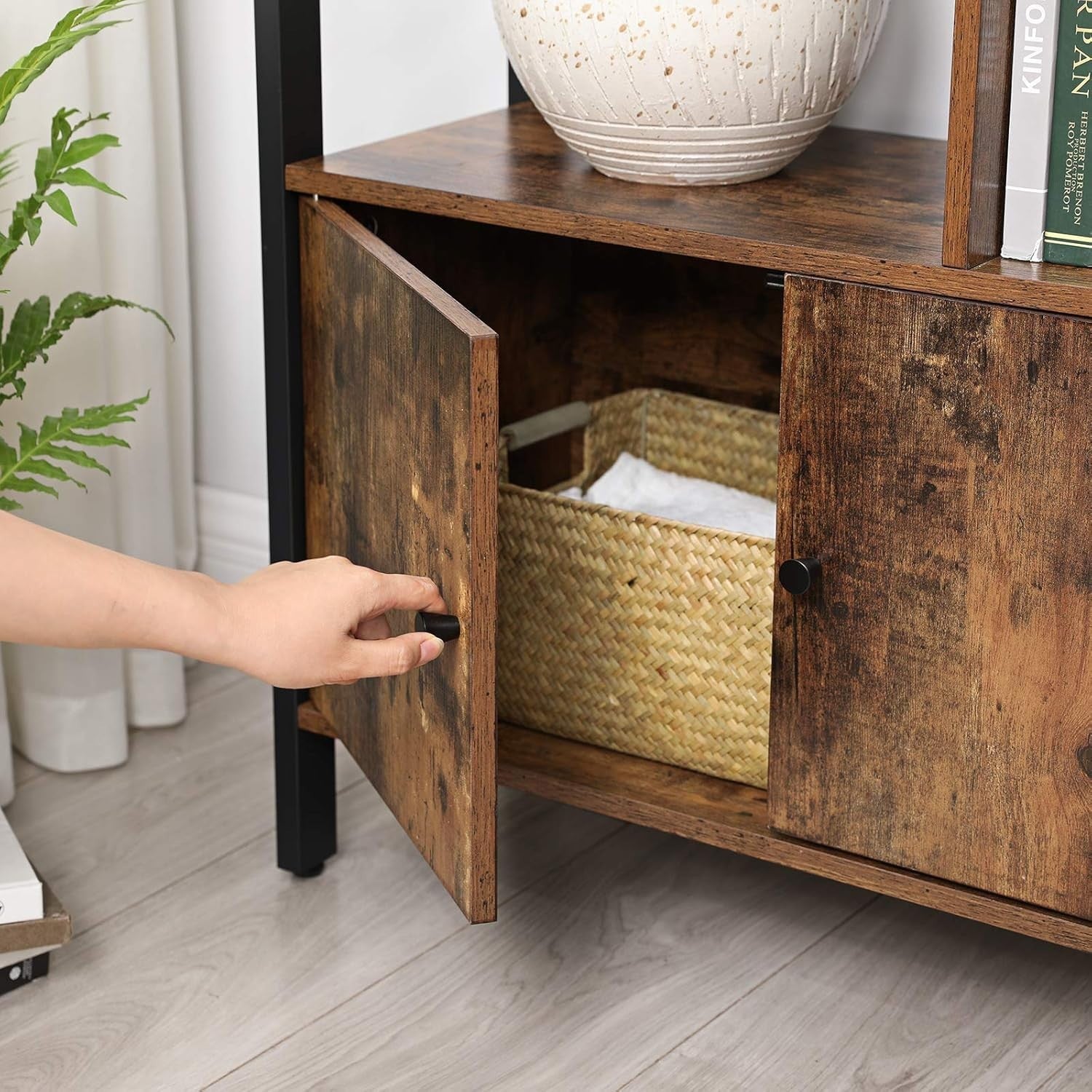 Industrial 4 Tier Bookcase with Doors Rustic Brown Metal Frame Storage Unit - Kwikley