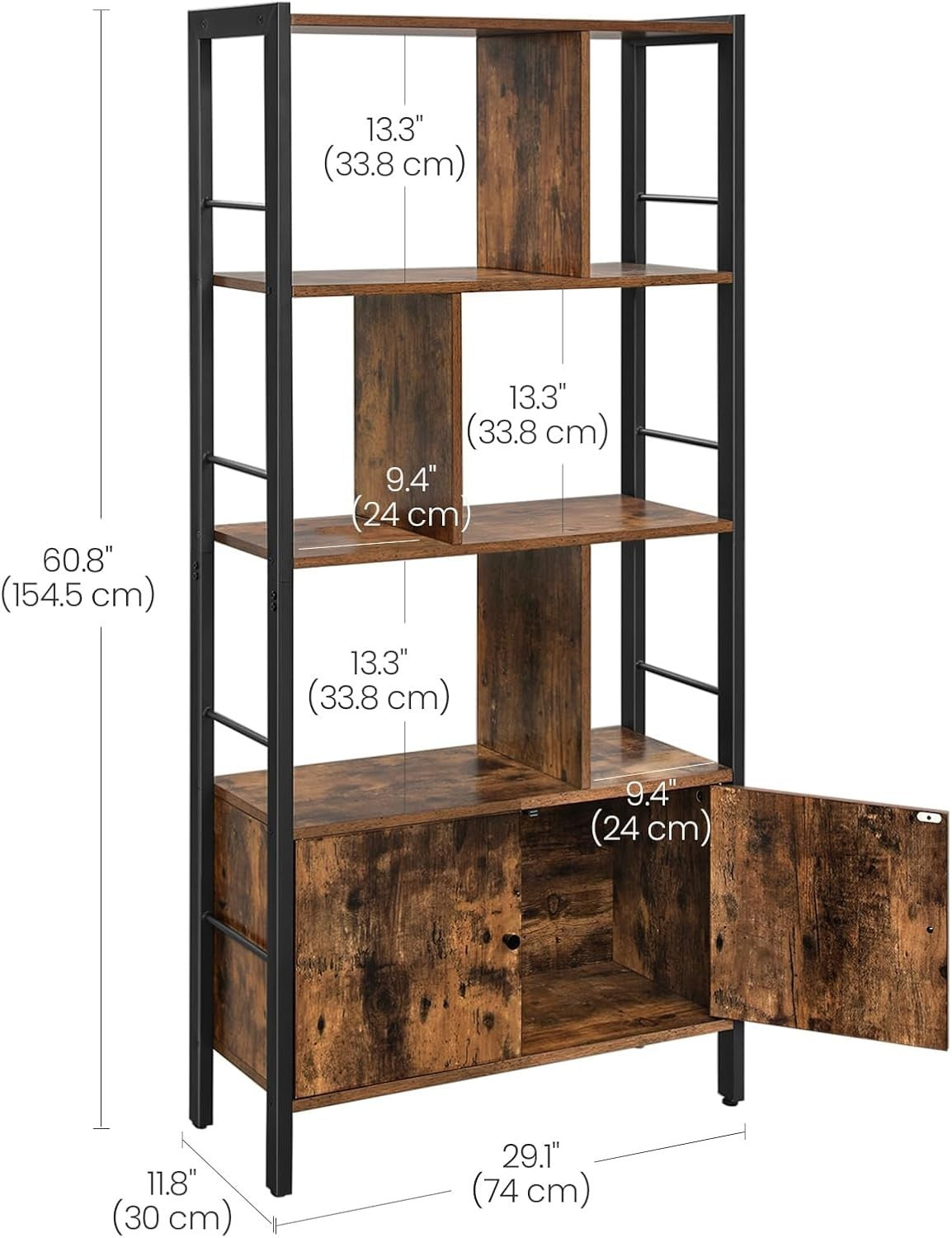 Industrial 4 Tier Bookcase with Doors Rustic Brown Metal Frame Storage Unit - Kwikley