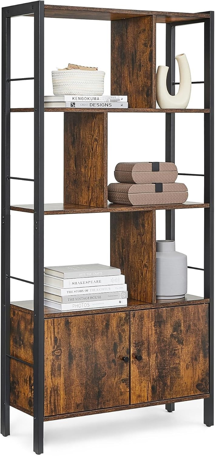 Industrial 4 Tier Bookcase with Doors Rustic Brown Metal Frame Storage Unit - Kwikley
