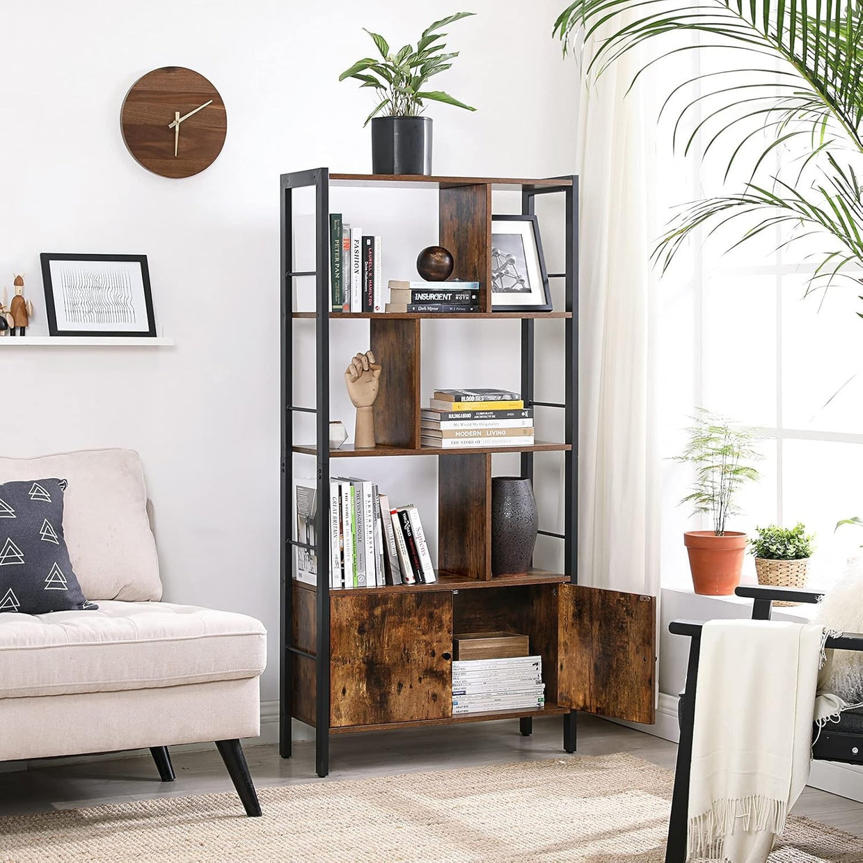 Industrial 4 Tier Bookcase with Doors Rustic Brown Metal Frame Storage Unit - Kwikley