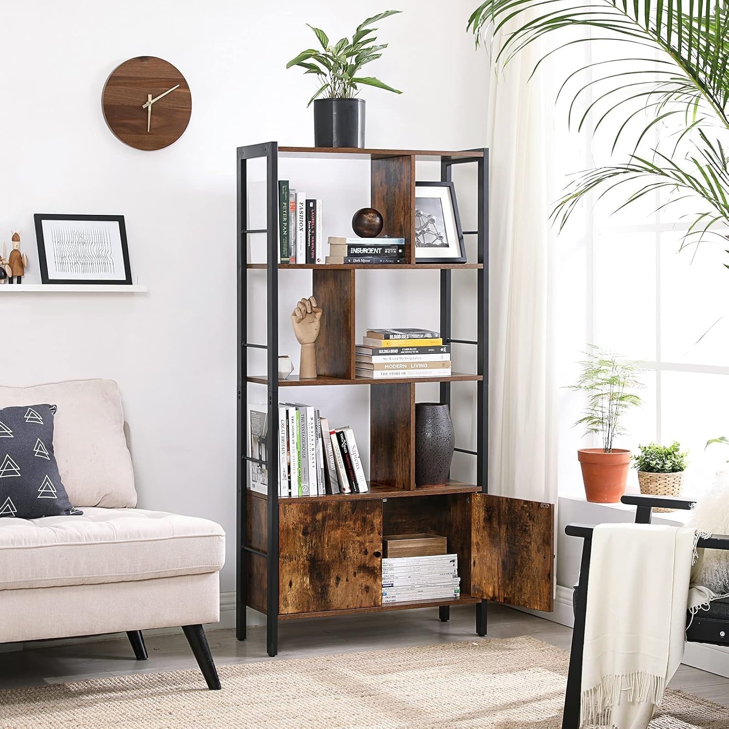 Industrial 4 Tier Bookcase with Doors Rustic Brown Metal Frame Storage Unit - Kwikley