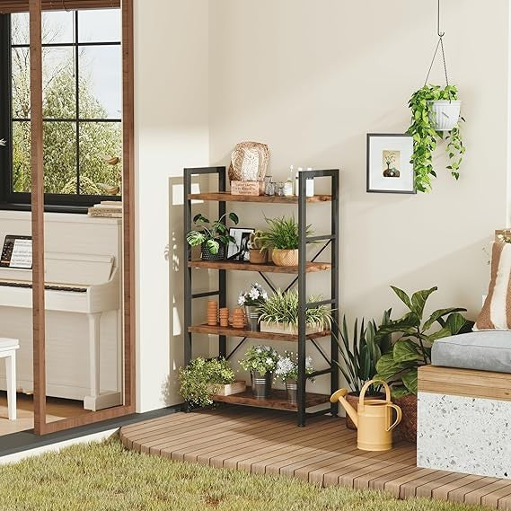 Industrial 4 - Tier Bookshelf Rustic Wood & Metal Display Rack Storage Shelving - Kwikley