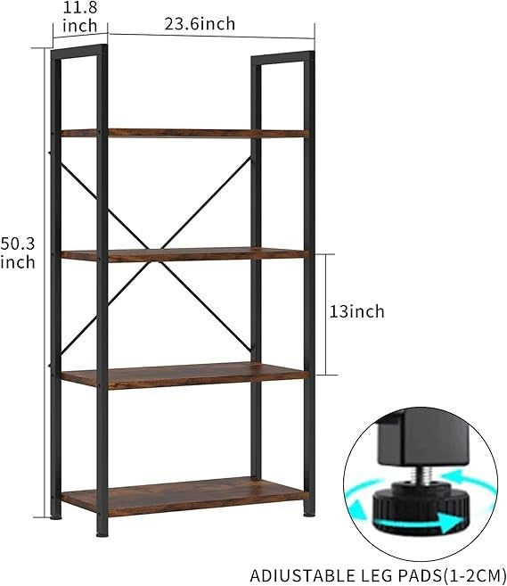 Industrial 4 - Tier Bookshelf Rustic Wood & Metal Display Rack Storage Shelving - Kwikley