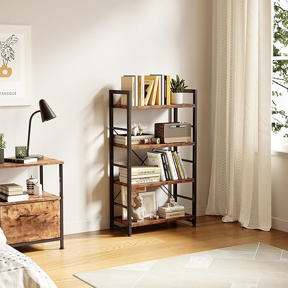 Industrial 4 - Tier Bookshelf Rustic Wood & Metal Display Rack Storage Shelving - Kwikley