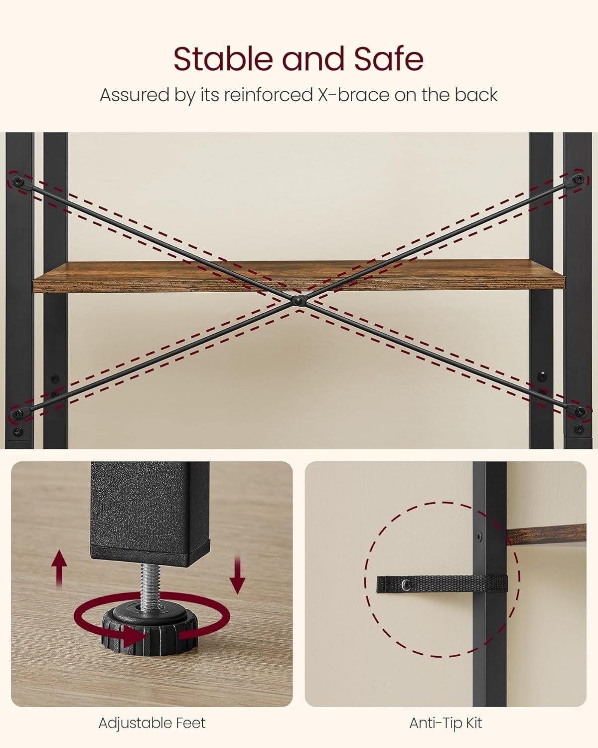 Industrial 4 - Tier Rustic Bookcase – Space - Saving Shelf Unit, 120cm High - Kwikley